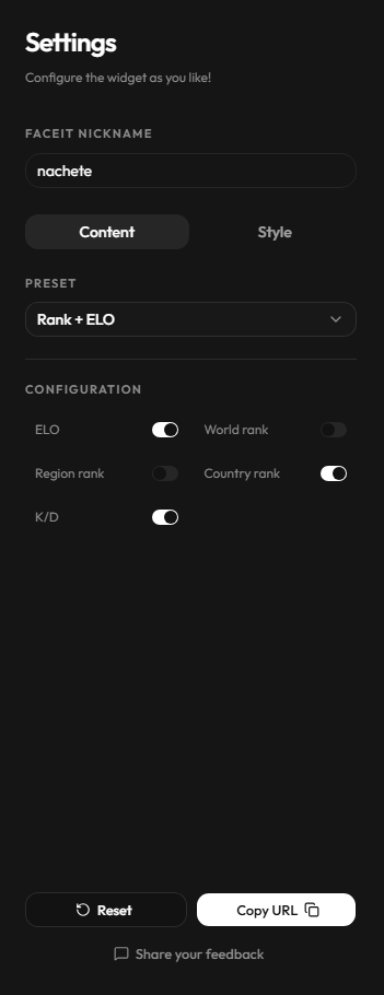 DEAFCS Widget builder settings with the Rank and ELO preset selected