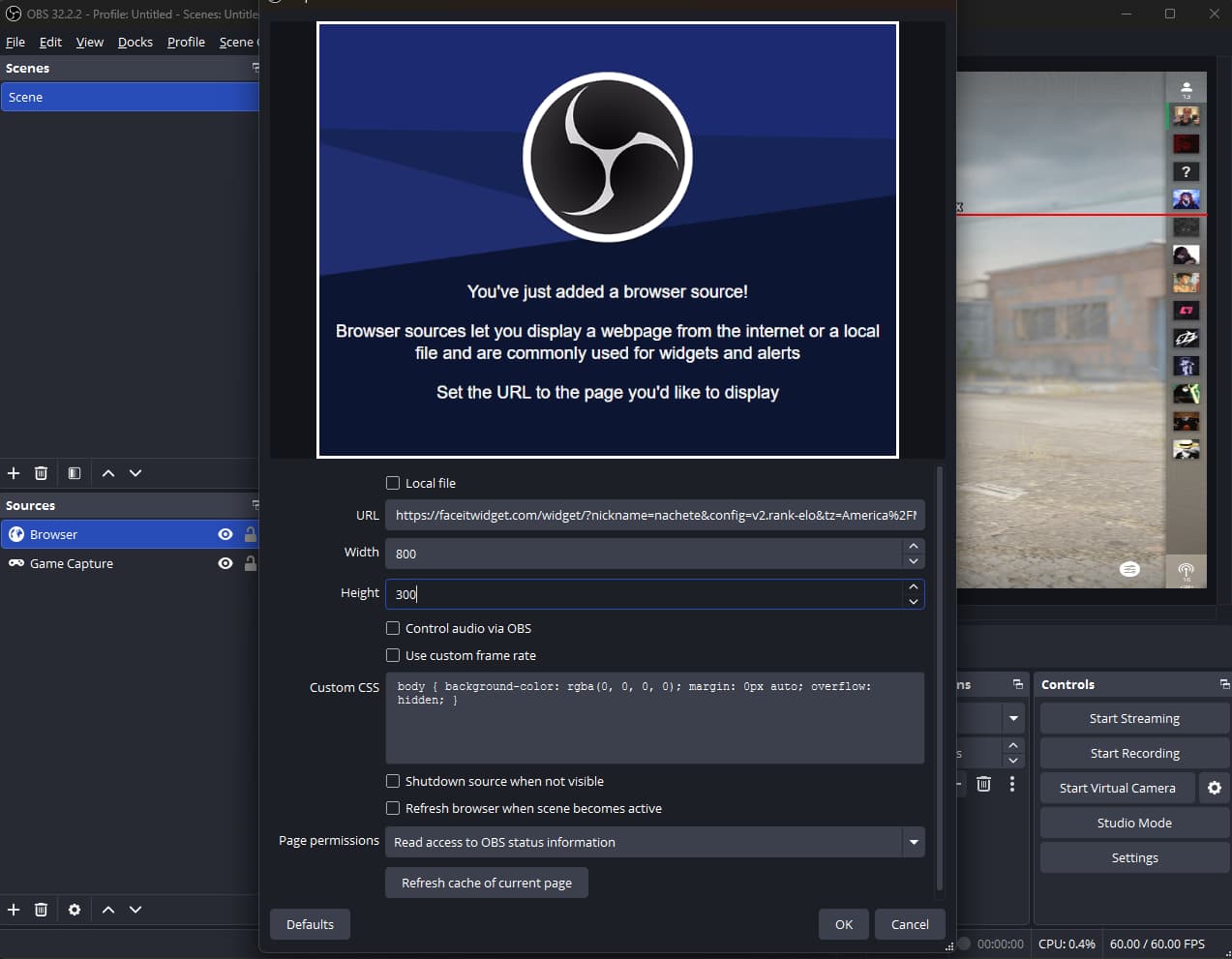 OBS Browser source properties with a DEAFCS Widget URL and an 800 by 300 canvas