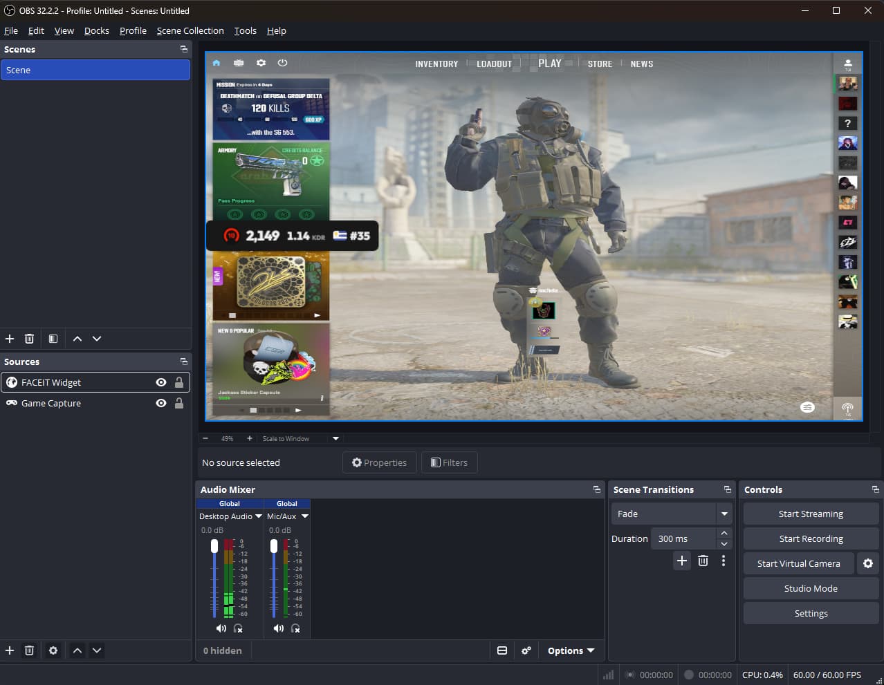 DEAFCS rank and ELO widget displayed transparently over Counter-Strike 2 in OBS