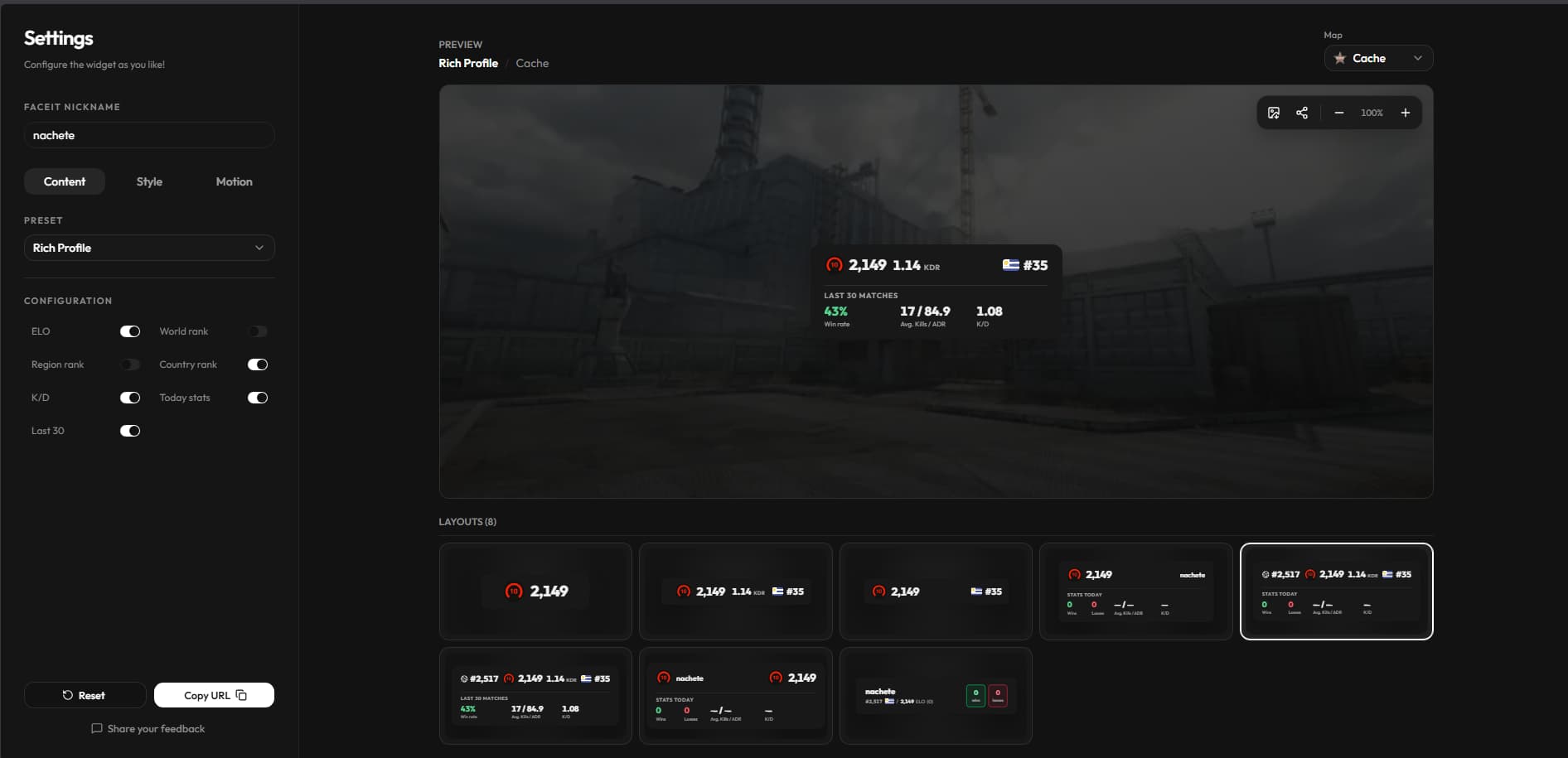 Rich Profile preset showing DEAFCS ELO, country rank, K/D, and statistics from the latest 30 matches